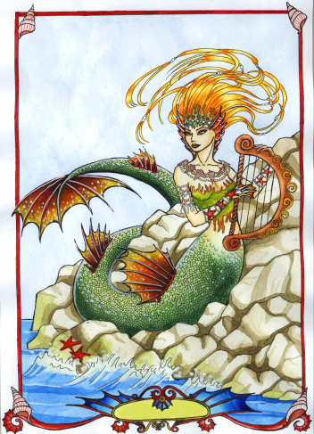 A  red-haired mermaid sitting at sea shore playing a harp. This painting was created with ink and watercolor on illustration board.