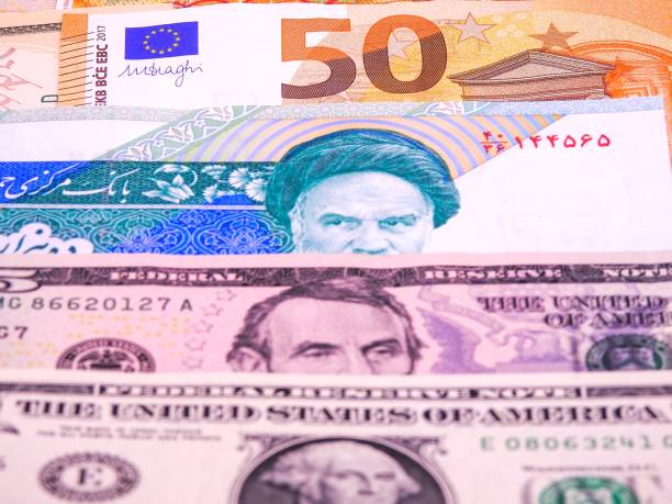 swiss francs, euros, iranian rial and us dollar banknotes - close up one dollar bill history finance imagens e fotografias de stock