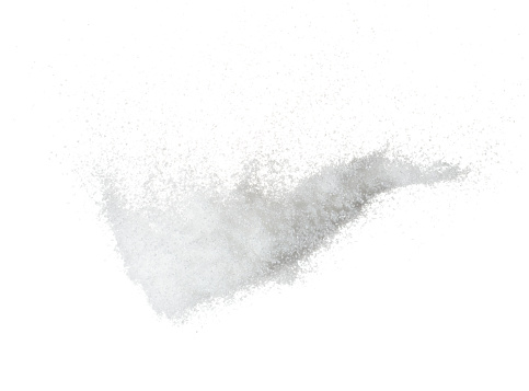 Pure Refined Sugar flying explosion, white crystal sugar abstract cloud fly. Pure refined sugar splash stop in air, food object design. white background isolated high speed freeze motion