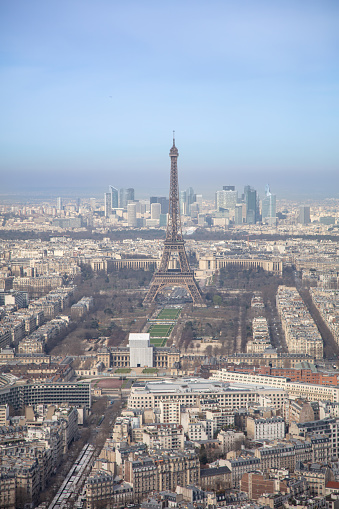 Black and white photo of Paris, France. Aerial view on the Eiffel Tower, Arc de Triomphe, Les Invalides etc.