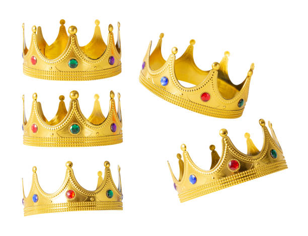 set of realistic golden crown isolated on white background with clipping path - red crowned imagens e fotografias de stock