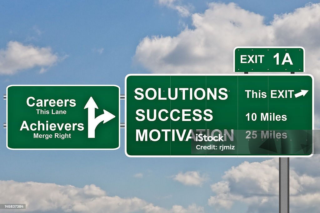 Marketing business concept Business slogans on a road sign exit Achievement Stock Photo