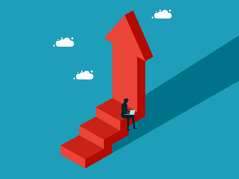Continuous Progress Man Working On Progress Arrow Continuous And Step By Step Growth Vector ...