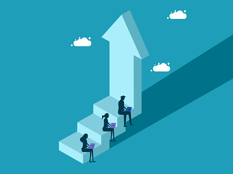 Grow Continually Businessmen Working At Different Levels Of Growth Grow Continuously And ...