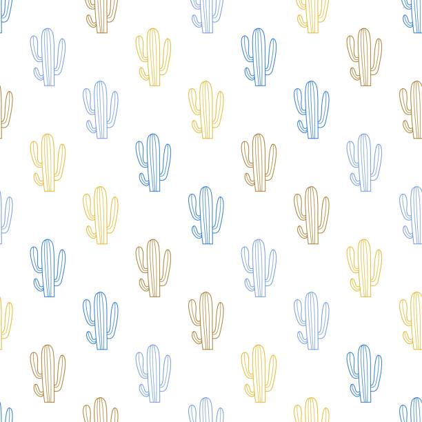 ilustraciones, imágenes clip art, dibujos animados e iconos de stock de abstracto cactus planta flat line art vector patrón sin costuras - abstract backgrounds botany cactus