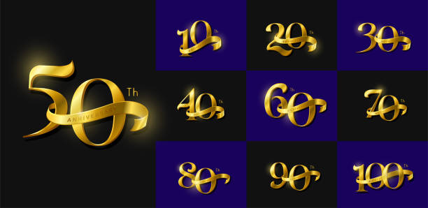 istock Set of anniversary logotype and gold ribbon modern style 1458375405