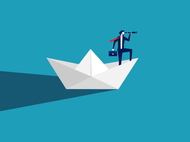 istock Businessman binoculars on a paper boat. Broad leadership vision 1458377041