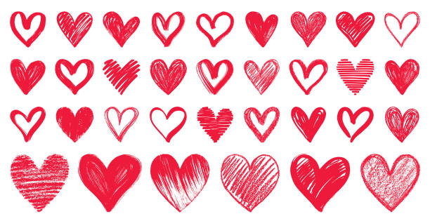 Hearts Set of hand drawn red hearts. Brush strokes. Vector design elements isolated on white background. Ink and Brush stock illustrations