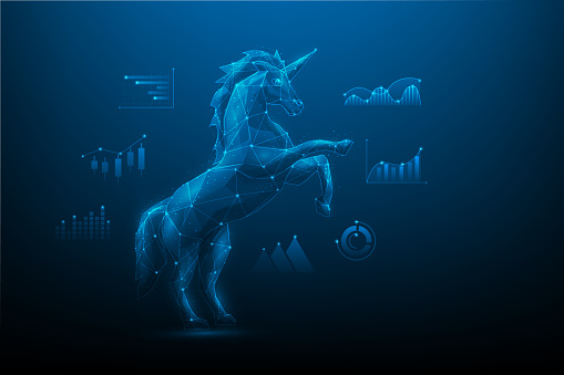 unicorn startup business technology to success with icon graph. business achievement low poly wireframe. creative idea and innovation company.concept of venture capital to wealth. vector illustration.