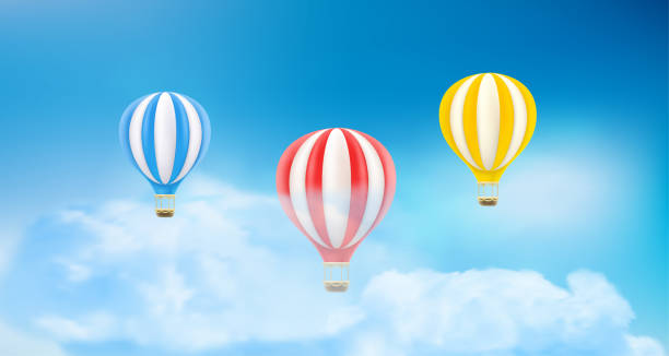 istock Flying air balloons in cloudy sky. Air travel concept. 3d vector illustration 1458388909