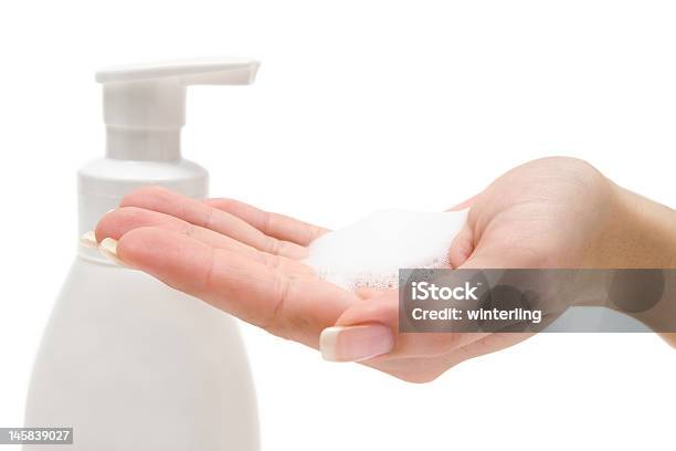 Womans Hand Holding Liquid Soap In Palm Stock Photo - Download Image Now - Soap Sud, Soap Dispenser, Soap