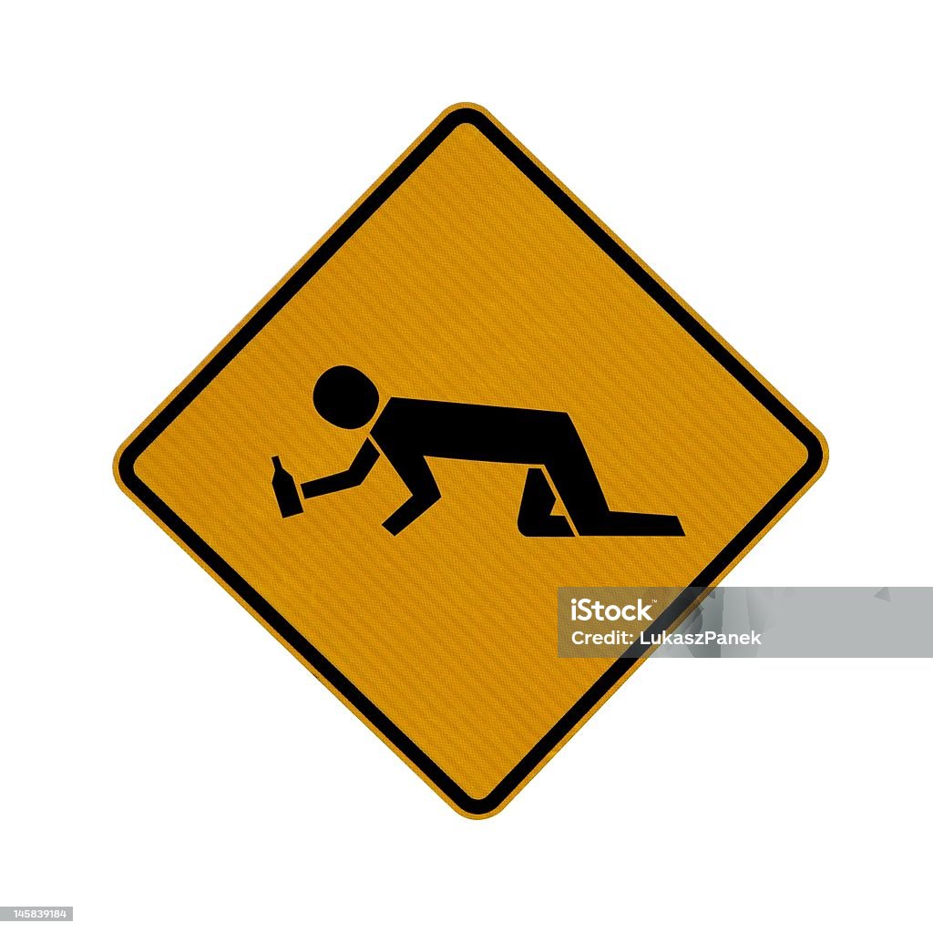 Drunk man crossing Drunk man crawling on all fours holding a bottle on yellow crossing warning sign isolated on white background. Adult Stock Photo