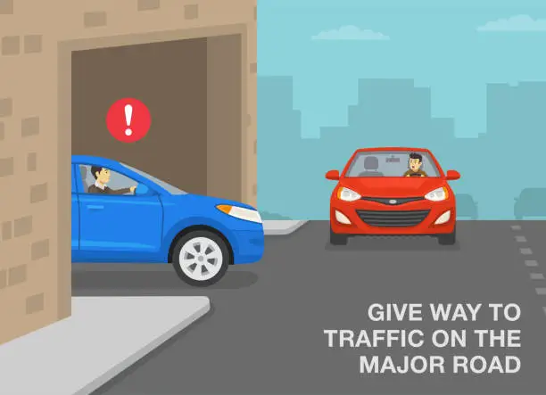 Vector illustration of Give way to traffic on the major road. Reckless driver going through the building arch and about to hit another vehicle.
