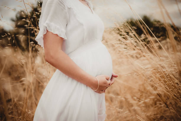 istock Pregnant mom holding her belly in a field 1458392483