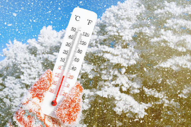 biały termometr w skali celsjusza i fahrenheita w ręku. temperatura otoczenia minus 6 stopni celsjusza - 0 6 months zdjęcia i obrazy z banku zdjęć