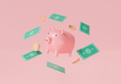 Piggy bank with Banknotes cash floating on pink background.Banking investment, transaction, growth money, Money saving, Business finance, payment transfer, dollar bill. 3d rendering illustration