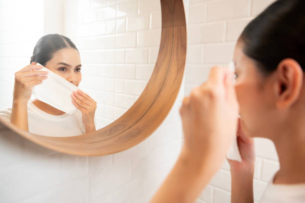 Young woman cleaning removing makeup on her face in bathroom at home , beauty wellness concept stock photo