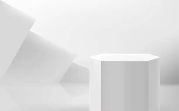 Vector illustration of Empty white studio with podium. Vector 3d illustration
