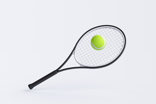 3d rendering of a professional tennis racquet with black and yellow stripes. Tennis gear. Professional sport equipment. Racquet and ball.
