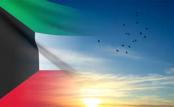 Vector illustration of Flag of Kuwait on background of sky