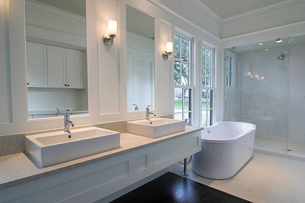 modern white bathroom modern clean white bathroom, elegantly designed bathroom sink stock pictures, royalty-free photos & images