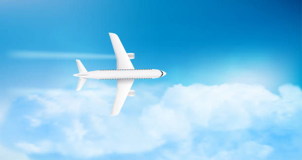 istock Flying modern airplane top view flying in cloudy sky. Air travel concept. 3d vector illustration 1458402347