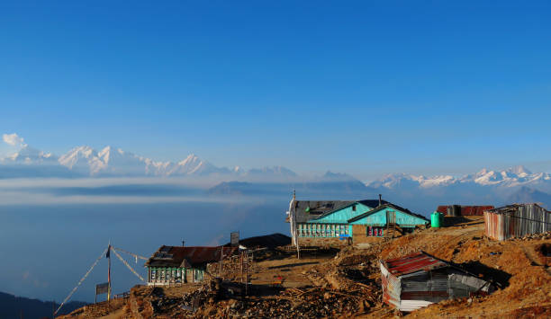 Typical houses in Himalayan mountains in Nepal. Gosaikunda Lauribina. stock photo