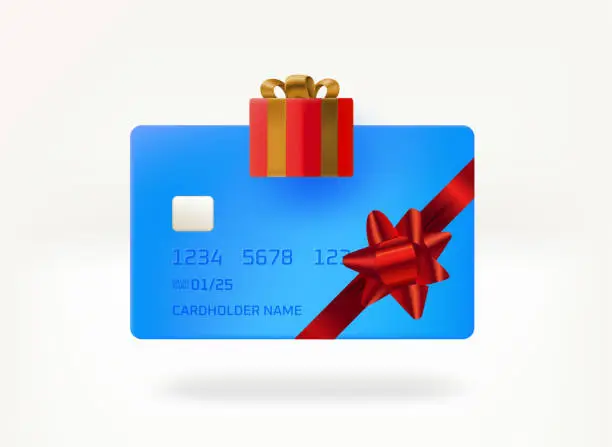 Vector illustration of Plastic banking card with present. 3d vector illustration