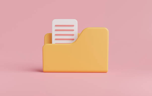 istock Yellow portfolio folder icon with paper document isolated on pink background.Computer folder, folder with files, paper icon.File management concept.3D rendering illustration, cartoon style minimal 1458403223