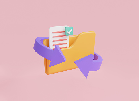 Yellow folder with files and arrow. File transfer concept. File sharing or sending document, documents management, data storage, Copy files, Move a file, data exchange. 3D icon rendering illustration