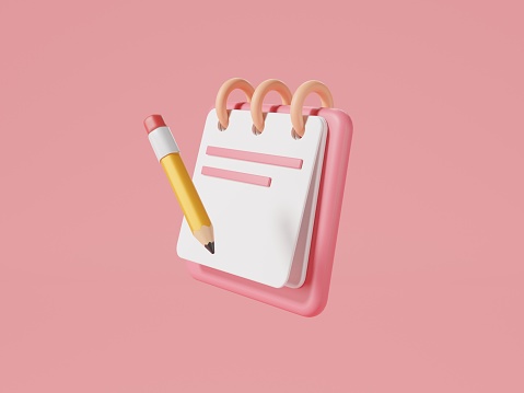 3d Rendering illustration of Note book icon and pencil isolated on pink background, Remind or checklist and education concept. take notes, Stick note, Clipboard, document, take notes. Minimal style