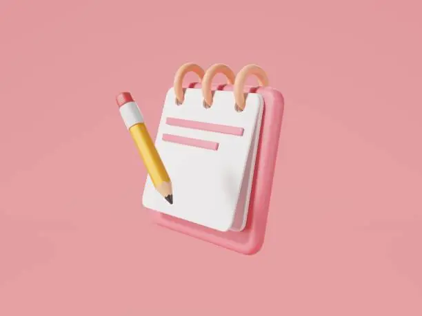 Photo of 3d Rendering illustration of Note book icon and pencil isolated on pink background, Remind or checklist and education concept. take notes, Stick note, Clipboard, document, take notes. Minimal style