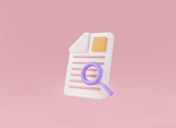 istock Document search with magnifying glass isolated on pink background concept about 3d document management concept. text document, worksheet, work document, File search, 3d icon rendering illustration 1458403301