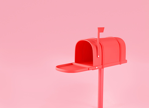 3d red mailbox isolated on pink background. mail delivery, post office, Sent mail message, Read online message, Mail icon, Newsletter. 3d rendering illustration, minimal cartoon style. copy space