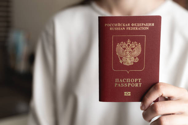 woman shows a passport, female hands, close-up, background blur stock photo