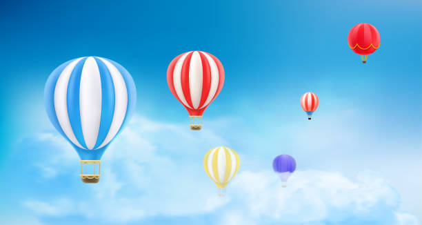 istock Flying air balloons in cloudy sky. Air travel concept. 3d vector illustration 1458406511