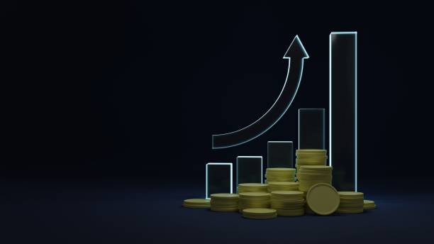 istock Coin stacks with illuminate chart and arrow up 3D render illustration 1458411191