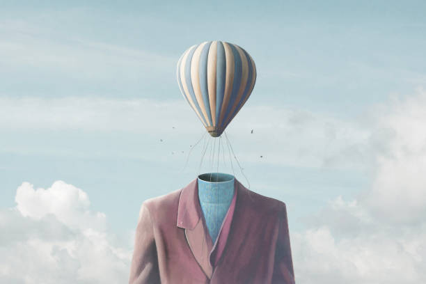 istock Illustration of surreal man with hot air balloon, abstract concept 1458416565