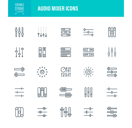Audio Mixer Icon Set. Editable Stroke. Contains such icons as Audio Equipment, Slider, Sound Bar, Volume Knob, Control