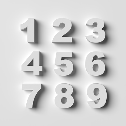 Volumetric digits from one to nine. 3D realistic number  concept. White colored numbers and symbols illustration set on grey background, copy space. Decorative design elements for shopping, sale, discount offer, banner, cover, birthday or anniversary party.
