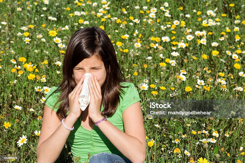 hayfever or allergy, child blowing nose child with hayfever allergy or cold blowing nose outdoors in flower field Hay Fever Stock Photo