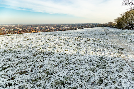 Very cold frosty morning in Guildford , The Mount  park and garden city viewing point Guildford Surrey England Europe