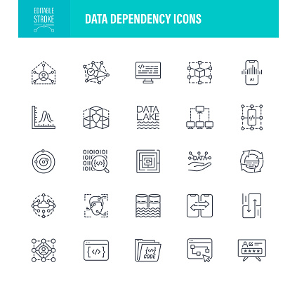 Data Dependency Icon Set. Editable Stroke. Contains such icons as Data, Workflow, Data Visualization, Download, Metaverse