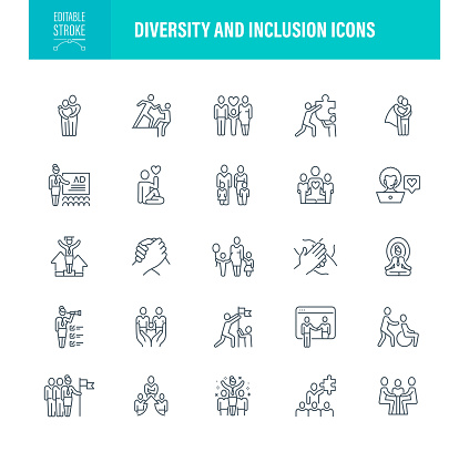 Diversity and Inclusion Icon Set. Editable Stroke. Contains such icons as Group Of People, Team, Coworkers, Diversity, Team Building, Meeting