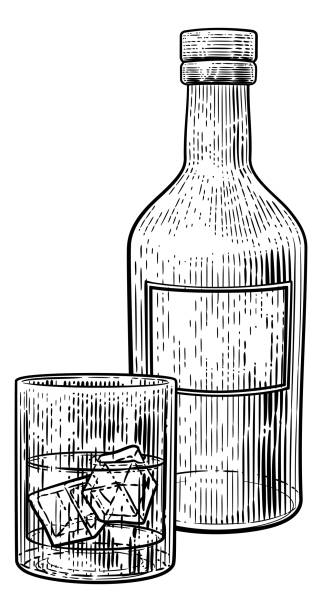 ilustraciones, imágenes clip art, dibujos animados e iconos de stock de vaso de bebida helada y botella dibujo de grabado vintage - bartender