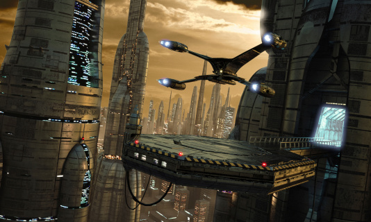 science-fiction scene with starship aircraft and futuristic city