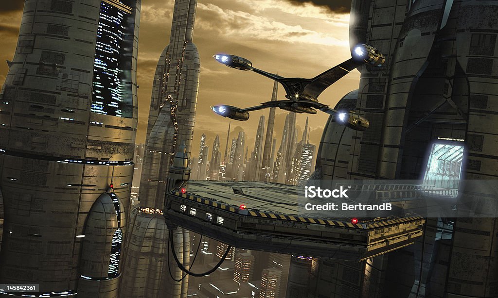 touchdown science-fiction scene with starship aircraft and futuristic city City Stock Photo