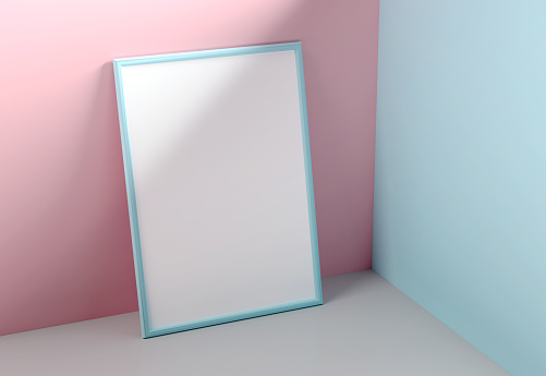 Portrait vertical frame mockup at the pink background with soft shadows