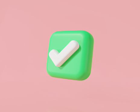 3d green check mark icon in a square isolated on pink background. Tick symbol in green color, Like, correct, success, approve, Accept button. 3d rendering illustration. Cartoon minimal style