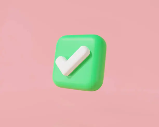 Photo of 3d green check mark icon in a square isolated on pink background. Tick symbol in green color, Like, correct, success, approve, Accept button. 3d rendering illustration. Cartoon minimal style